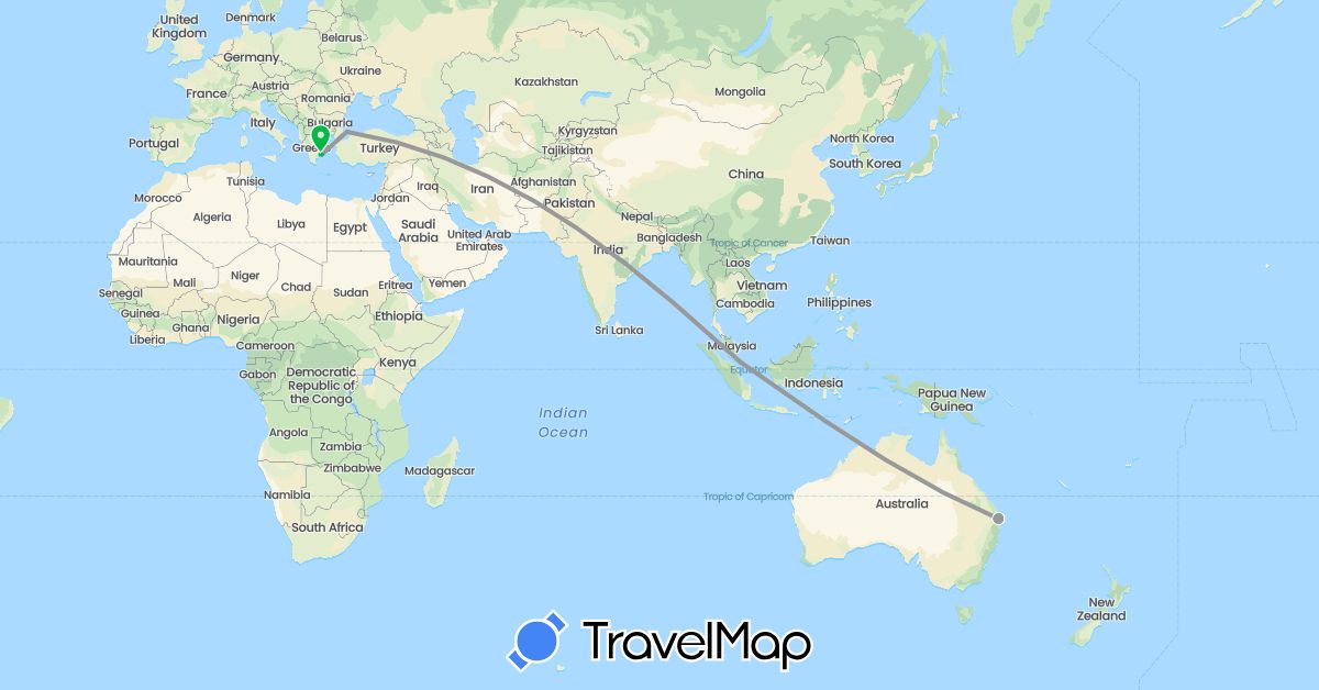 TravelMap itinerary: driving, bus, plane in Australia, Greece, Singapore, Turkey (Asia, Europe, Oceania)